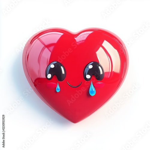3D comic Red heart icon, crying tears, sad mood, isolated on white background - generative ai