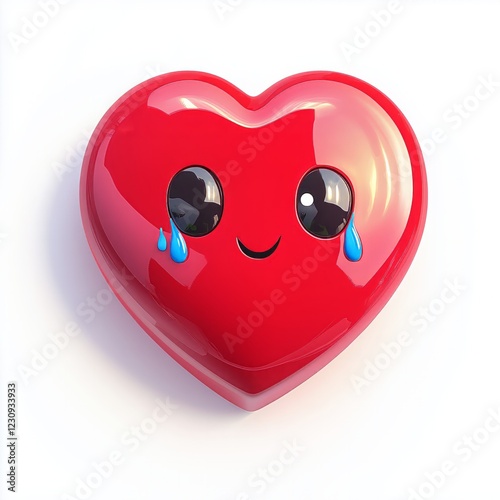 3D comic Red heart icon, crying tears, sad mood, isolated on white background - generative ai