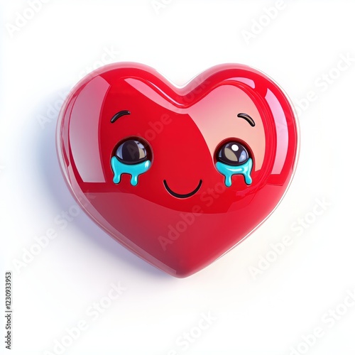 3D comic Red heart icon, crying tears, sad mood, isolated on white background - generative ai