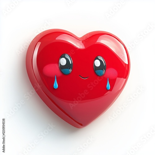 3D comic Red heart icon, crying tears, sad mood, isolated on white background - generative ai