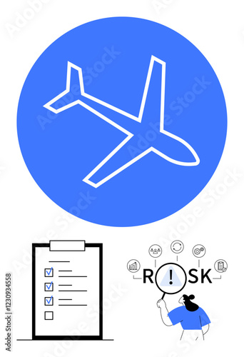 Airplane in bold blue circle, checklist with tasks marked, person examining Risk and surrounding icons. Ideal for safety, aviation, strategy, planning, analysis, risk management abstract line flat