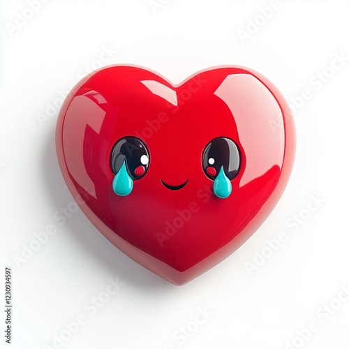 3D comic Red heart icon, crying tears, sad mood, isolated on white background - generative ai