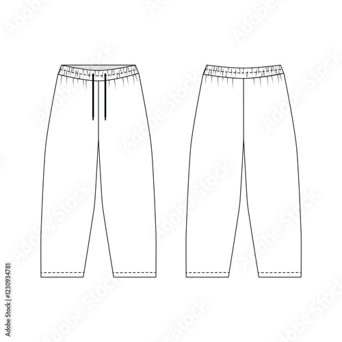 Technical illustration of athletic pants with elastic band, front and back view. Sketch of fashionable joggers pants with barrel cut. Template of sports pants on a drawstring, vector.