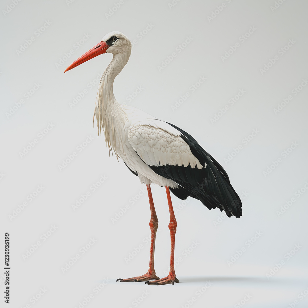 Fototapeta premium A white and black bird perched on a smooth white surface in a minimalistic setting with soft lighting and clear background