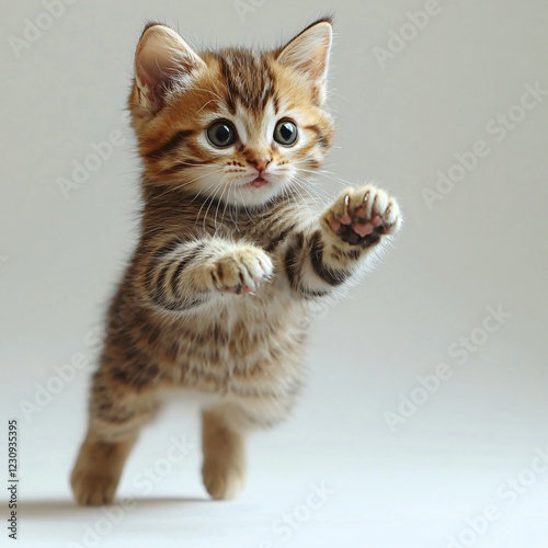 Playful kitten leaping, studio shot, grey background, pet adoption
