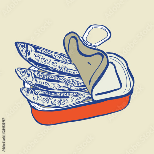 Vintage Oiled Sardines. Drawing illustration of an open sardine tin with detailed fish, perfect for seafood packaging, culinary themes, or retro designs.