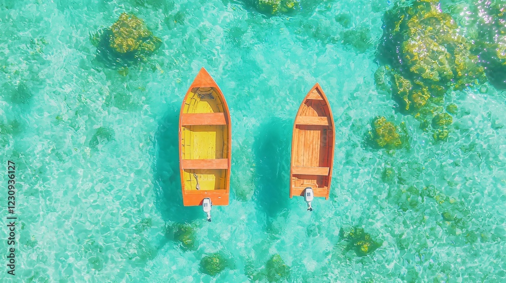 Two small boats in turquoise water, aerial view. Vacation travel Two small boats in turquoise water, aerial view. Vacation travel