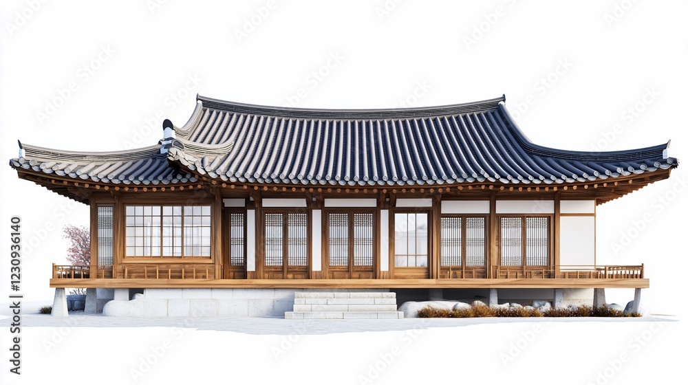 Traditional Korean Hanok House with Curved Roof and Wooden Details on a White Background Traditional Korean Hanok House with Curved Roof and Wooden Details on a White Background