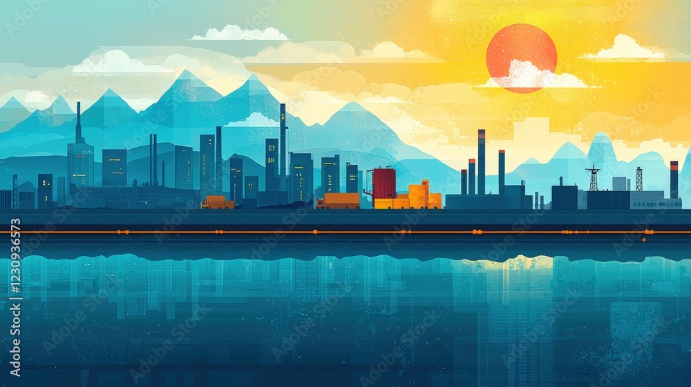 Fototapeta premium A vibrant digital landscape featuring an industrial skyline silhouetted against a colorful sunset reflecting on calm waters.