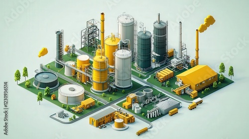 A vibrant, isometric illustration of an industrial complex featuring various tanks, pipes, and smokestacks amidst greenery.