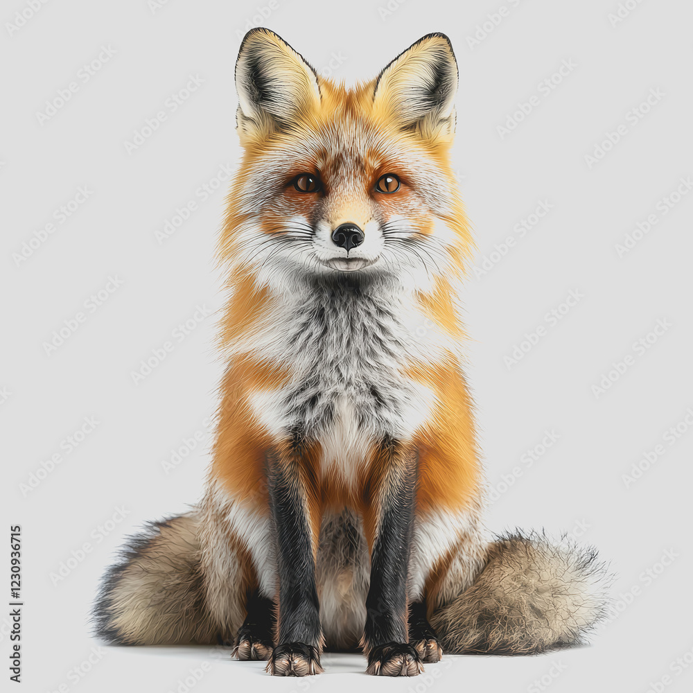 Obraz premium Red fox sitting on a white surface staring directly at the camera with a curious expression in a natural habitat setting