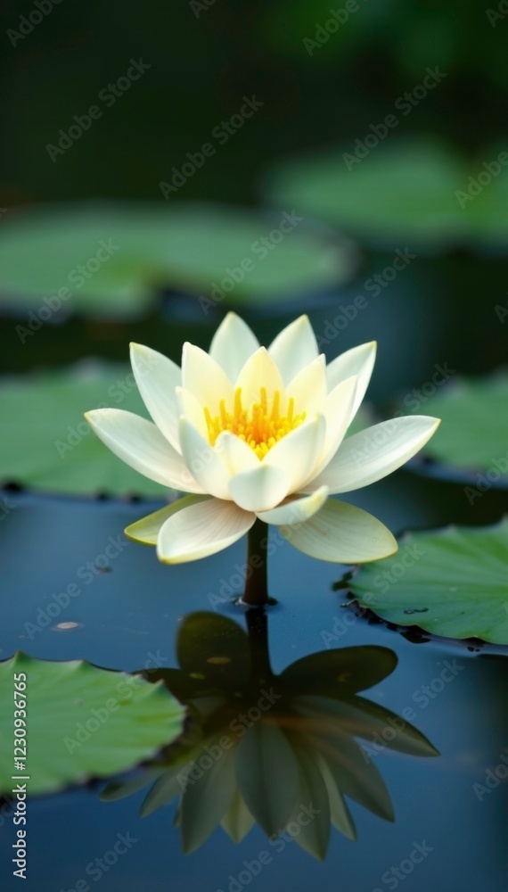 Yellow stamens of a lily rise from the surface of a quiet pond, serenity, peaceful scene Yellow stamens of a lily rise from the surface of a quiet pond, serenity, peaceful scene