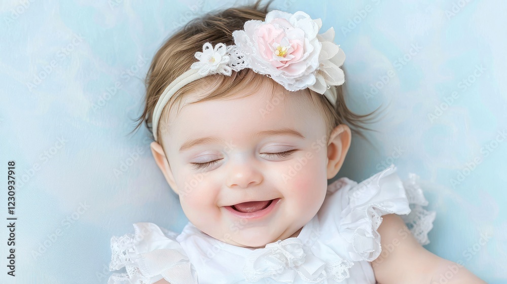 Smiling Baby Girl with Flower Crown in White Dress Smiling Baby Girl with Flower Crown in White Dress