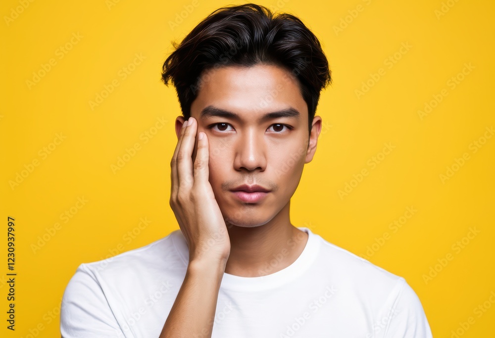 肌が気になる若い男性, 黄色の背景
