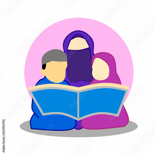 Muslimah vector illustration teaching her children. Generations of Knowledge: Shared Learning Across Time"