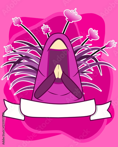 Muslim woman vector illustration with niqab on Ramadan and Eid al-Fitr theme. Muslimah vector design with flower background 