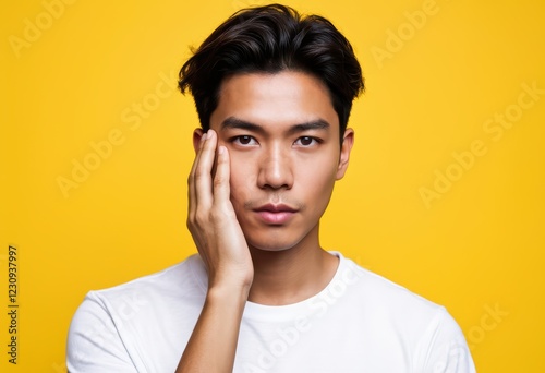 肌が気になる若い男性, 黄色の背景
