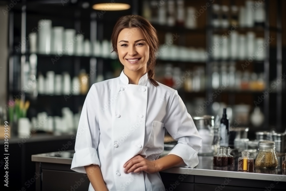 Portrait of a smiling female chef standing at the counter in a restaurant Portrait of a smiling female chef standing at the counter in a restaurant