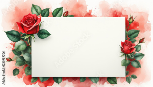 Ein elegantes Mockup mit einer weißen Karte, umgeben von leuchtend roten Rosen, grünen Blättern und aquarellartigen Akzenten – ideal für Einladungen oder Grußkarten. Generative KI.