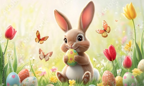Adorable easter bunny hugging a decorated egg in a vibrant spring meadow with colorful butterflies and tulips
