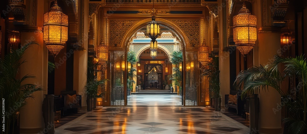 Fototapeta premium Palace hallway grand arch, lanterns, courtyard
