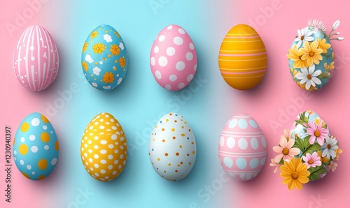 Easter eggs with various patterns and floral decorations create a festive spring atmosphere on a pastel background photo