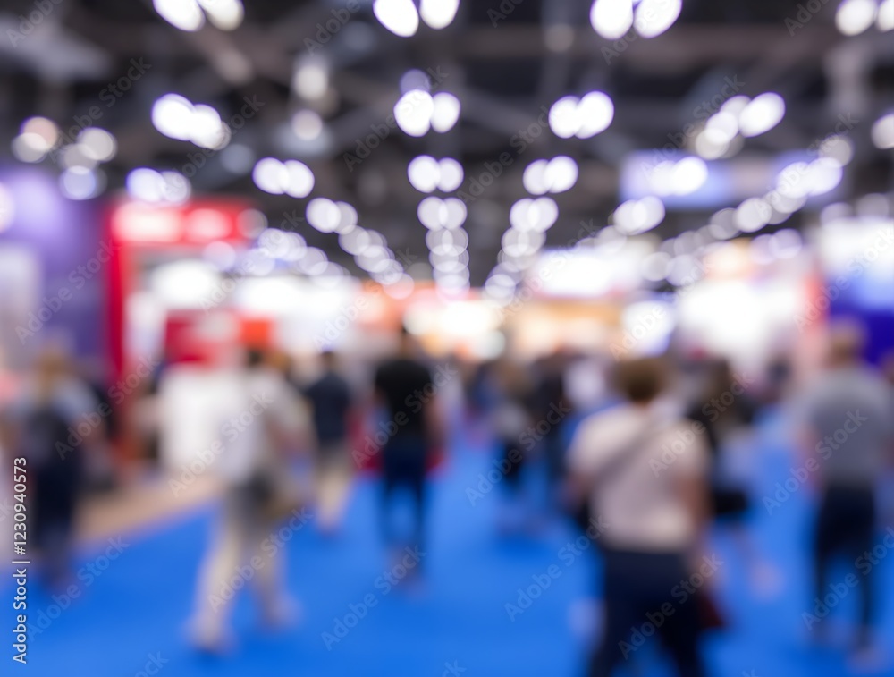 Blurred Crowd of Anonymous People Walking on Blue Floor at Indoor Trade Show Exhibition with Bokeh Lights Abstract Background Blurred Crowd of Anonymous People Walking on Blue Floor at Indoor Trade Show Exhibition with Bokeh Lights Abstract Background