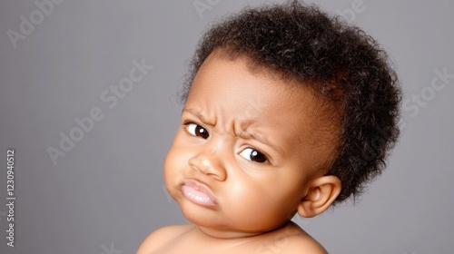 Portrait of an Angry Baby with Dark Hair Against a Grey Background