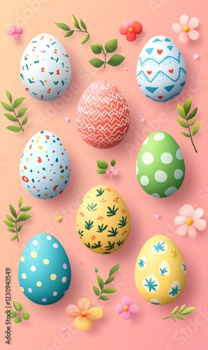 Decorated easter eggs and spring flowers arranged on a pastel pink background create a vibrant and festive scene photo