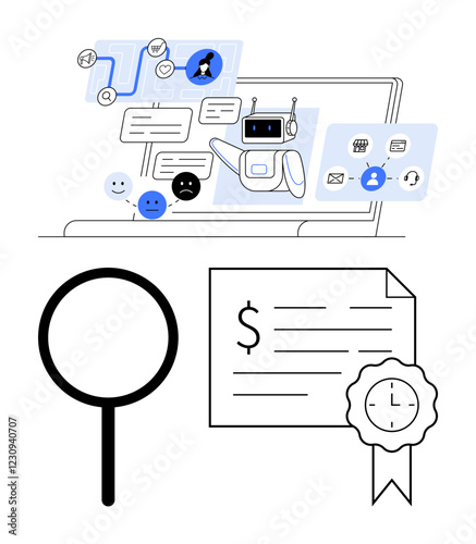 Digital communication setup featuring a chatbot interacting with users displaying emoticons, alongside a magnifying glass, and a certified document with a ribbon. Ideal for tech, AI, customer