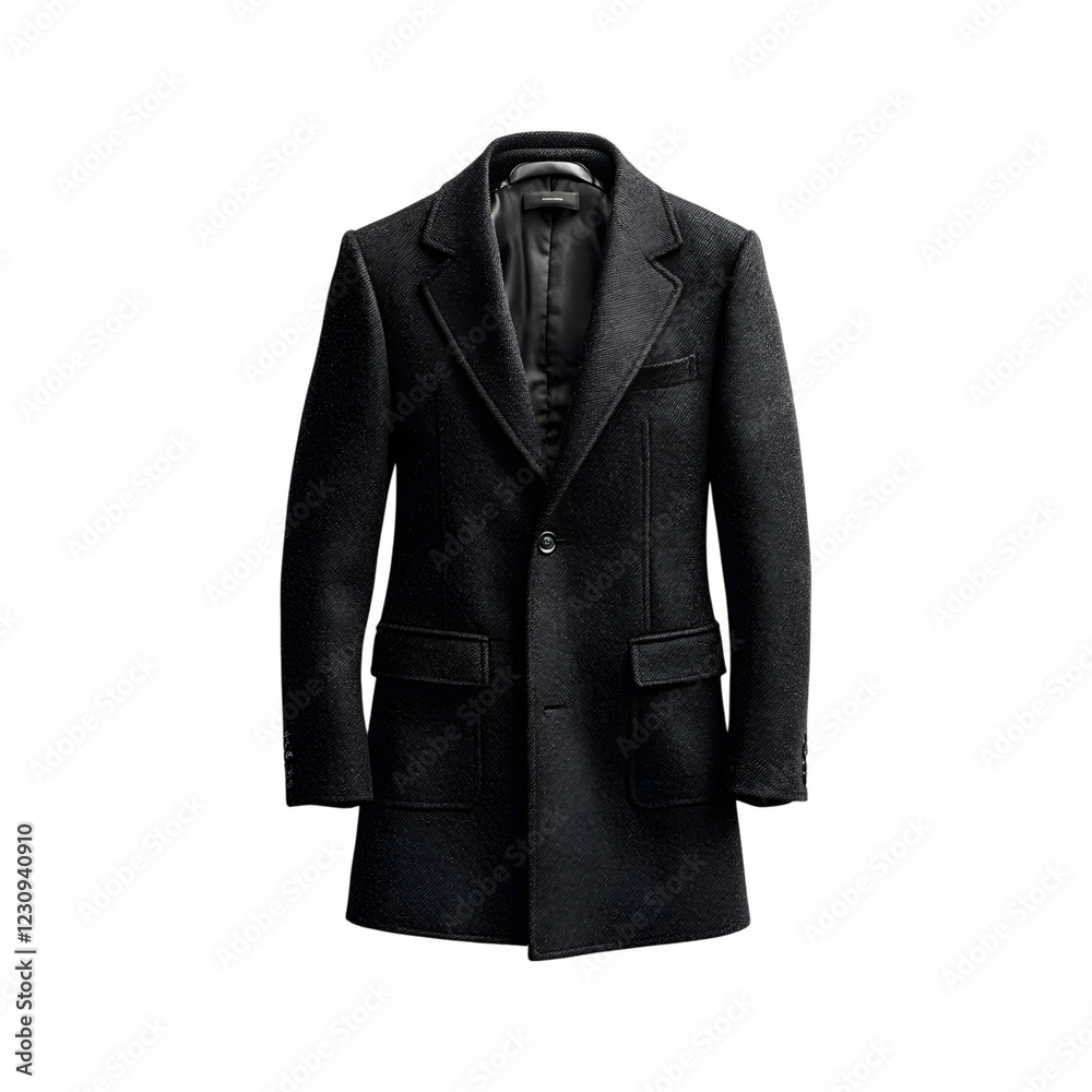 Wool Coat with Tailored Fit in Black Isolated on Transparent Background Wool Coat with Tailored Fit in Black Isolated on Transparent Background