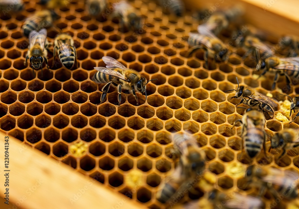 Close-up of bees actively working on honeycomb cells, showcasing their intricate labor in honey production Close-up of bees actively working on honeycomb cells, showcasing their intricate labor in honey production
