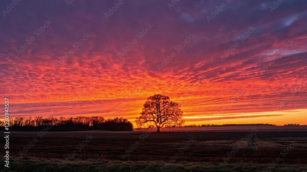 Fiery Sunset Solitude: A lone tree stands silhouetted against a breathtaking, vibrant sunset, the fiery red and orange hues painting the sky in dramatic strokes. Fiery Sunset Solitude: A lone tree stands silhouetted against a breathtaking, vibrant sunset, the fiery red and orange hues painting the sky in dramatic strokes.
