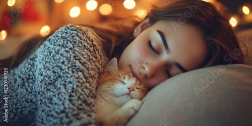 A cozy scene of a young woman peacefully sleeping with her cat, surrounded by soft lighting and warmth.