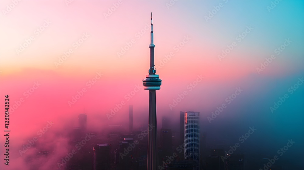 Obraz premium Aerial View of BT Tower Surrounded by Urban Landscape and Fog