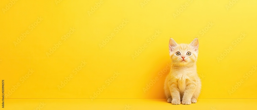 Fototapeta premium A cute yellow cat sitting against a vibrant yellow background, embodying playfulness and charm in a simple yet striking composition.