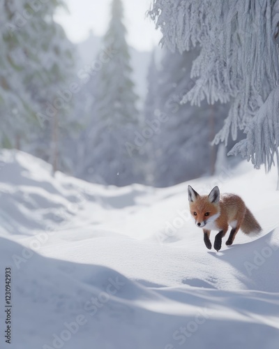 Red fox running snowy mountain forest winter wildlife photo