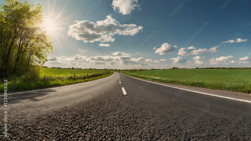 The highway is quiet with views of grass fields on the edge The highway is quiet with views of grass fields on the edge
