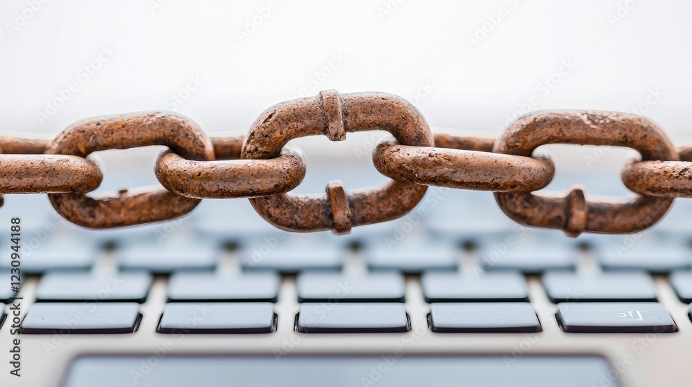 Fototapeta premium A rusty chain lies across a laptop keyboard, symbolizing security, connection, and the intersection of technology and strength.