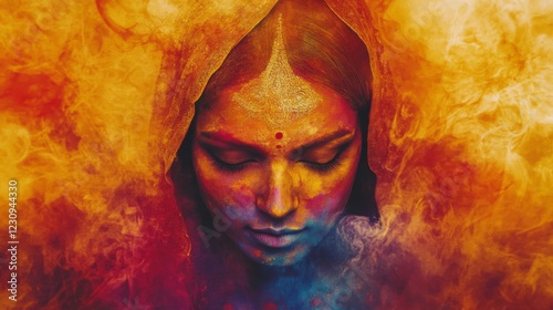 Serene Woman Covered in Vibrant Orange Red and Blue Powder