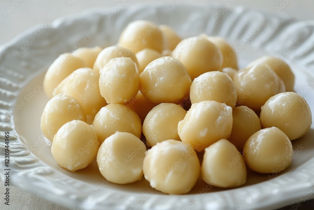 Freshly Made Delicious Sweet Coconut Balls on Elegant Plate Freshly Made Delicious Sweet Coconut Balls on Elegant Plate