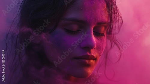Serene Woman With Purple And Pink Glitter Makeup