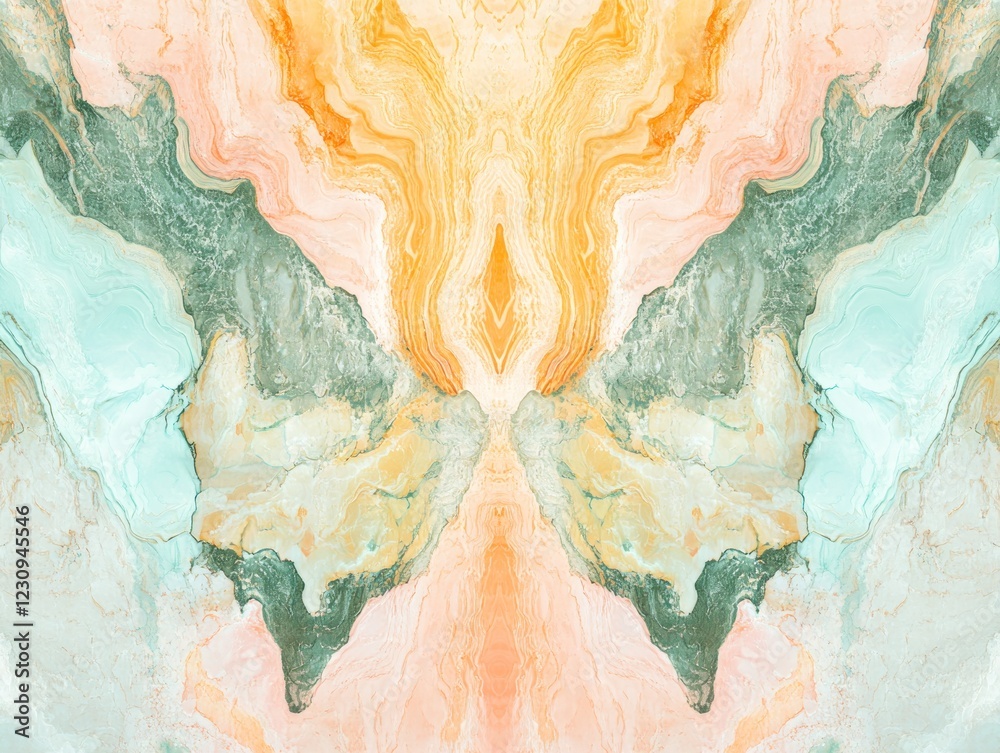 Fototapeta premium Abstract symmetrical fluid art background with warm and cool pastel color waves