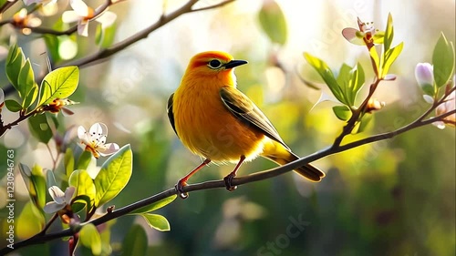 A small yellow bird perched on a blossoming branch in sunlight.