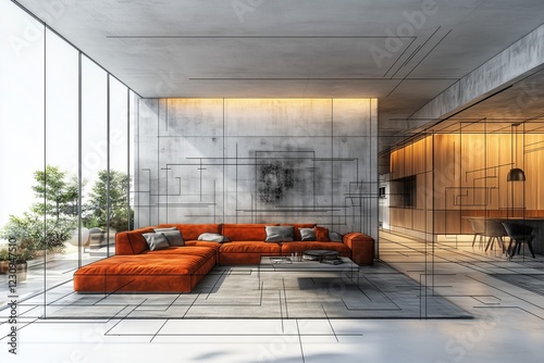 Modern living room design revealing architectural sketch lines