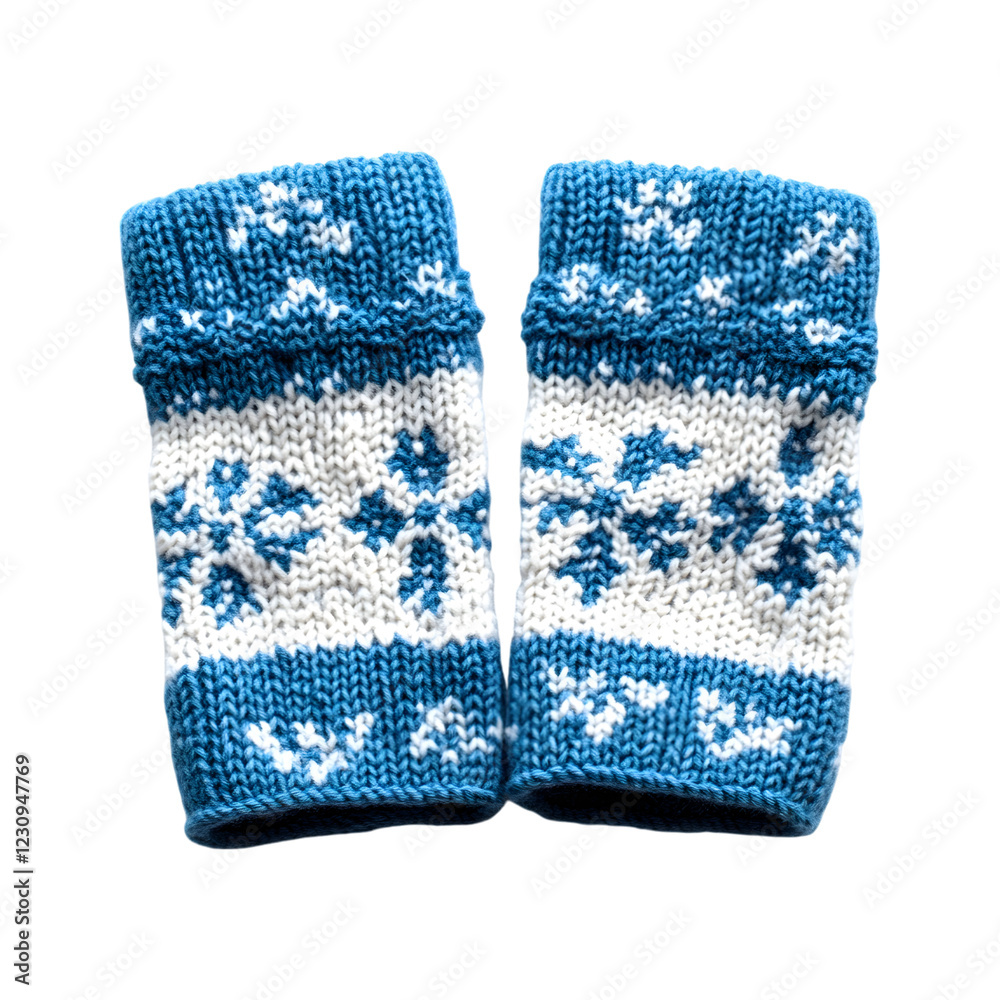 Knitted Arm Warmers with Snowflake Patterns in Light Blue Isolated on Transparent Background Knitted Arm Warmers with Snowflake Patterns in Light Blue Isolated on Transparent Background