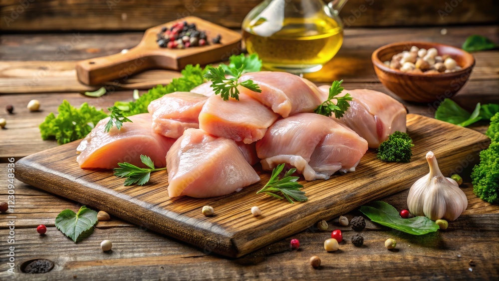 Close-up of uncooked chicken on a worn cutting board, ready for preparation. Close-up of uncooked chicken on a worn cutting board, ready for preparation.