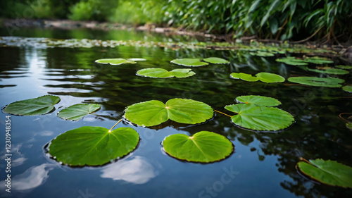 Green leaves reflecting in the water, shallow focus