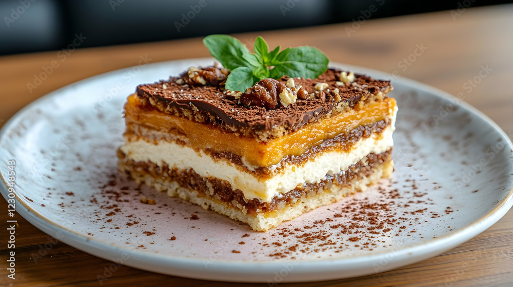 Delicious Layered Dessert with Cream, Chocolate, and Orange Toppings on a Plate Delicious Layered Dessert with Cream, Chocolate, and Orange Toppings on a Plate
