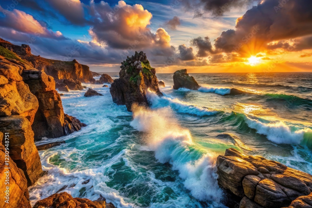 Fototapeta premium Coastal sea stacks rise against crashing waves, showcasing rugged cliffs and abundant tide pools.